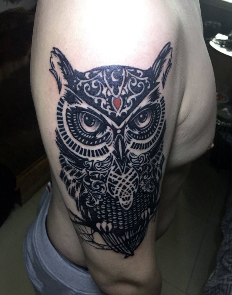 今日工作大臂猫头鹰完成纹身图片_手臂欧美图腾动物纹身图案
