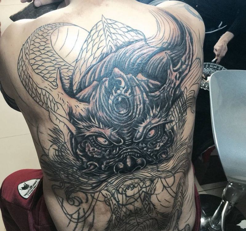 今日工作满背遮盖未完待续!纹身图片_背部传统动物鬼神宗教纹身图案