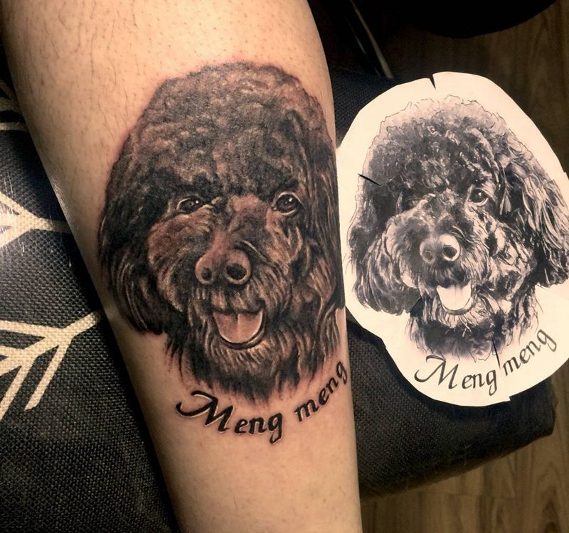 今日工作泰迪拉布拉多纹身图片_成品腿部欧美写实肖像动物纹身图案