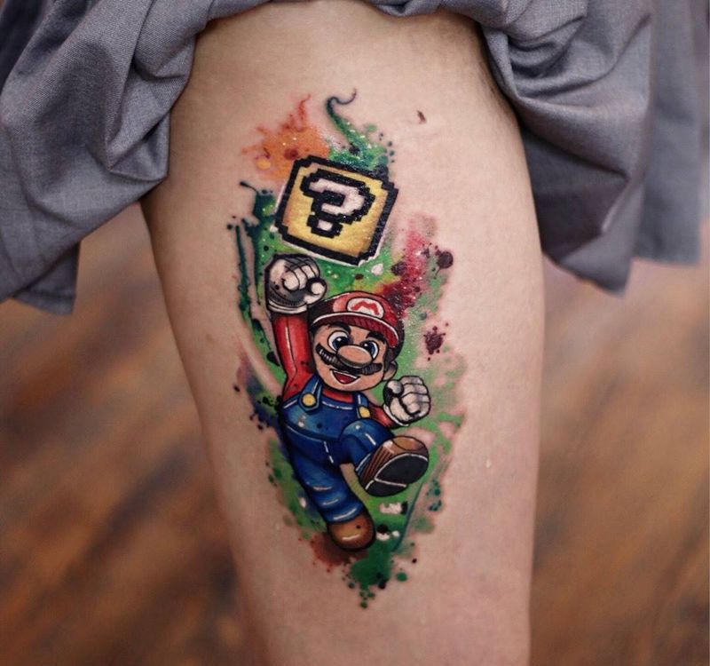 超级玛丽纹身图片_腰部腿部水墨水彩赐墨纹身纹身图案