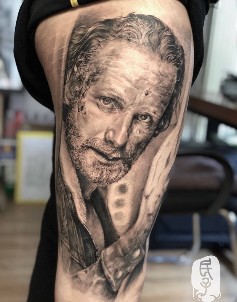 行尸走肉纹身图片_腿部欧美写实肖像纹身图案