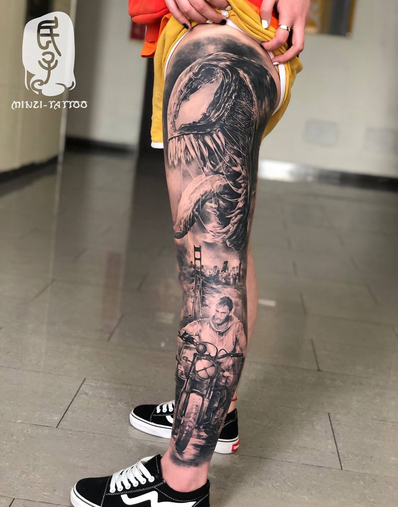 毒液纹身图片_腿部欧美写实纹身图案