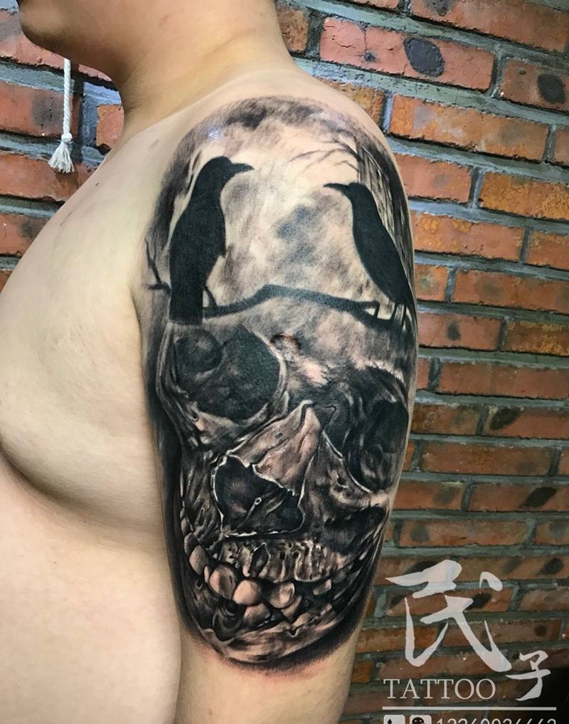 大臂骷髅纹身图片_