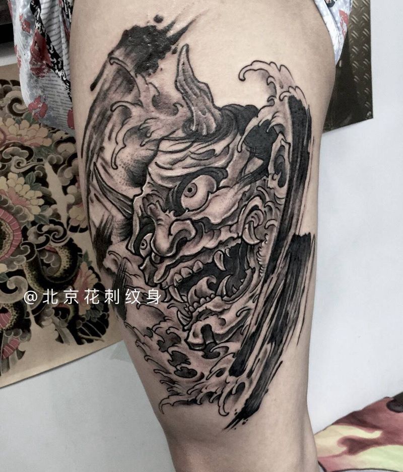 大腿泼墨般若纹身图片_腿部传统人物鬼神成品纹身图案