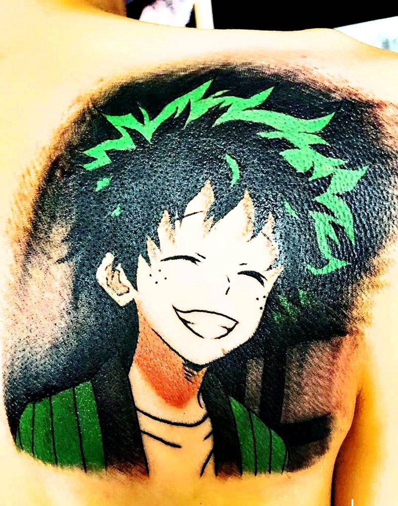 绿武出久纹身图片_肩部背部水彩新传统人物动画动漫纹身图案