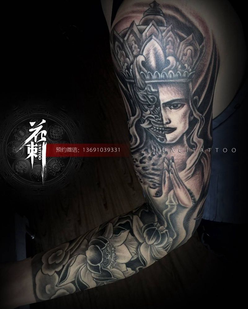 【一念入魔一念成佛】纹身图片_成品手臂传统人物鬼神宗教静物纹身图案