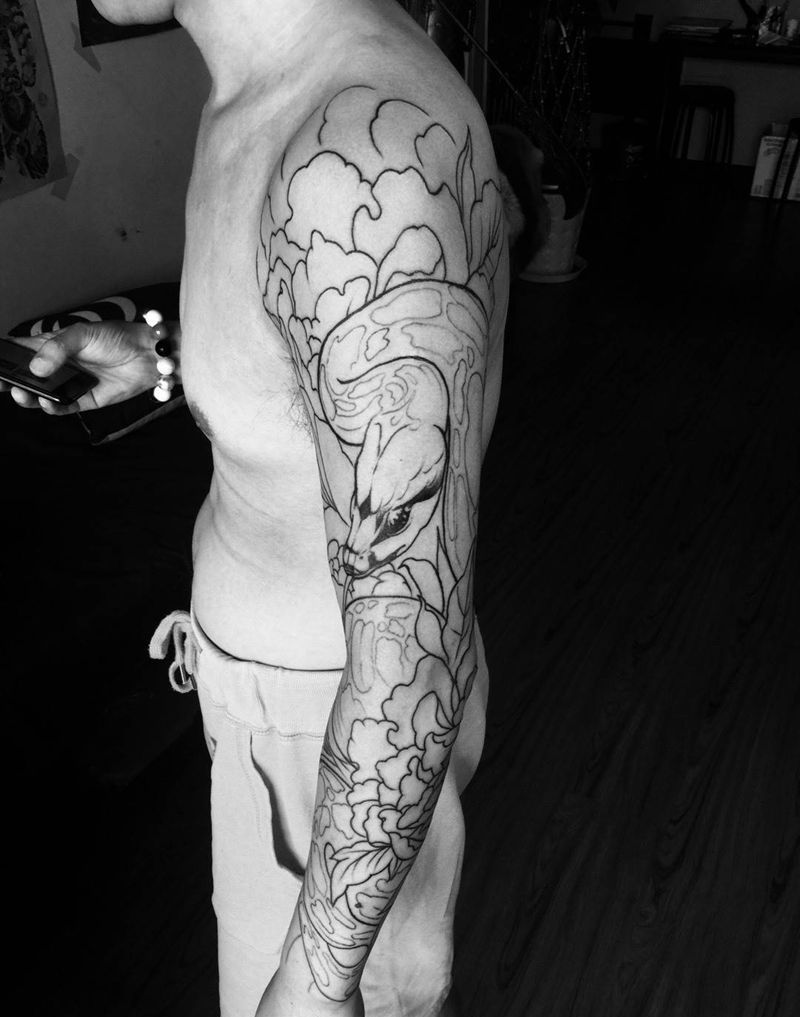 独霸富贵纹身图片_手臂传统动物植物纹身图案