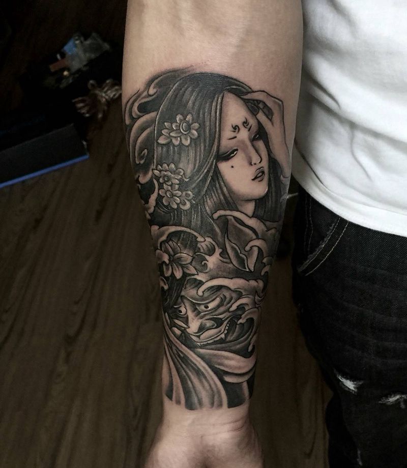 今日工作小臂艺妓纹身图片_成品手臂传统人物纹身图案