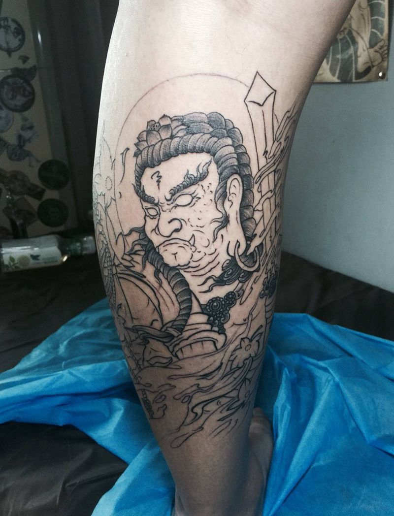 不动明王纹身图片_腿部传统人物宗教纹身图案