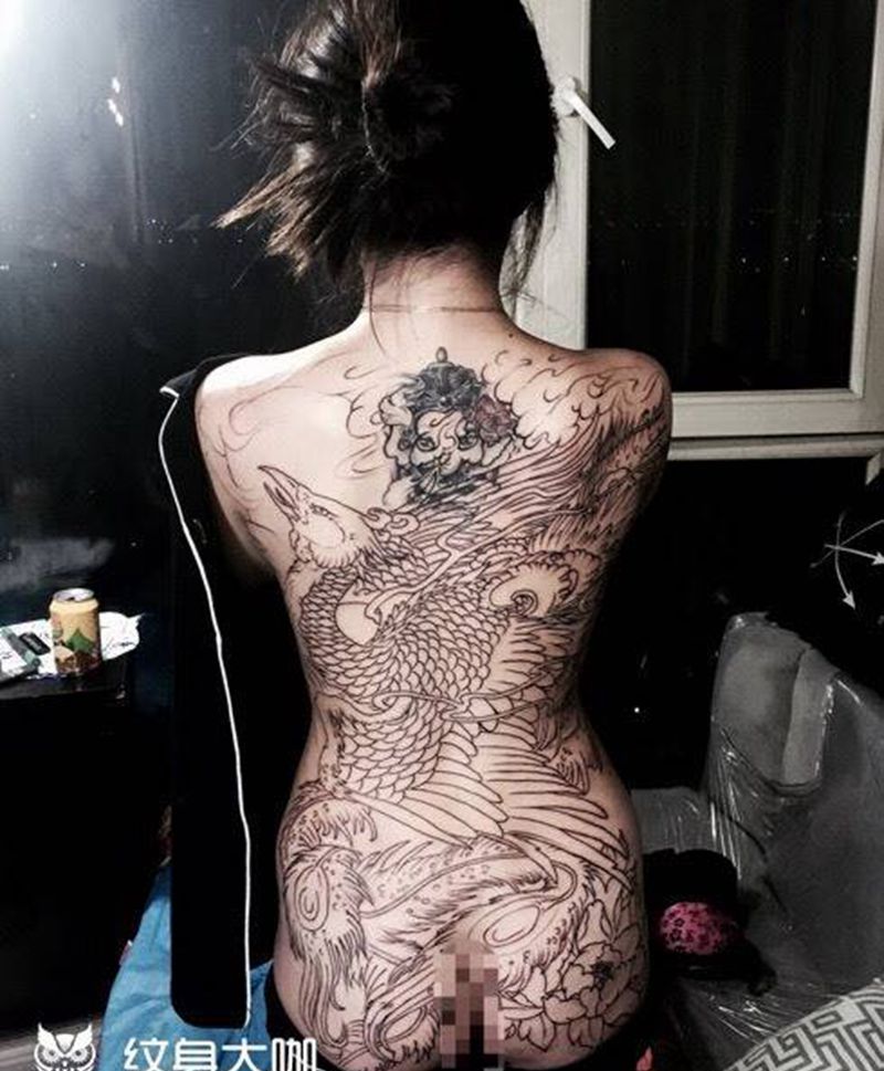 满背凤凰遮盖初步线条！下次继续纹身图片_传统背部动物纹身图案