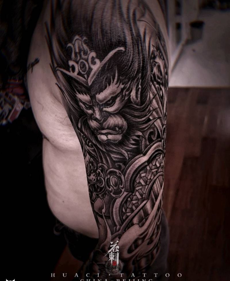 传统花臂黑灰—斗战胜佛纹身图片_手臂新传统斗战胜佛艺伎齐天大圣纹身图案