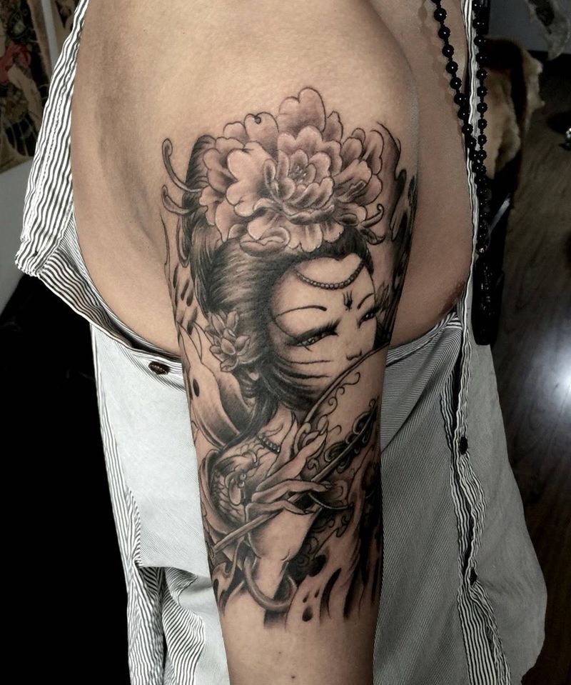 今日小宁工作艺妓包大臂纹身图片_成品手臂传统人物静物纹身图案