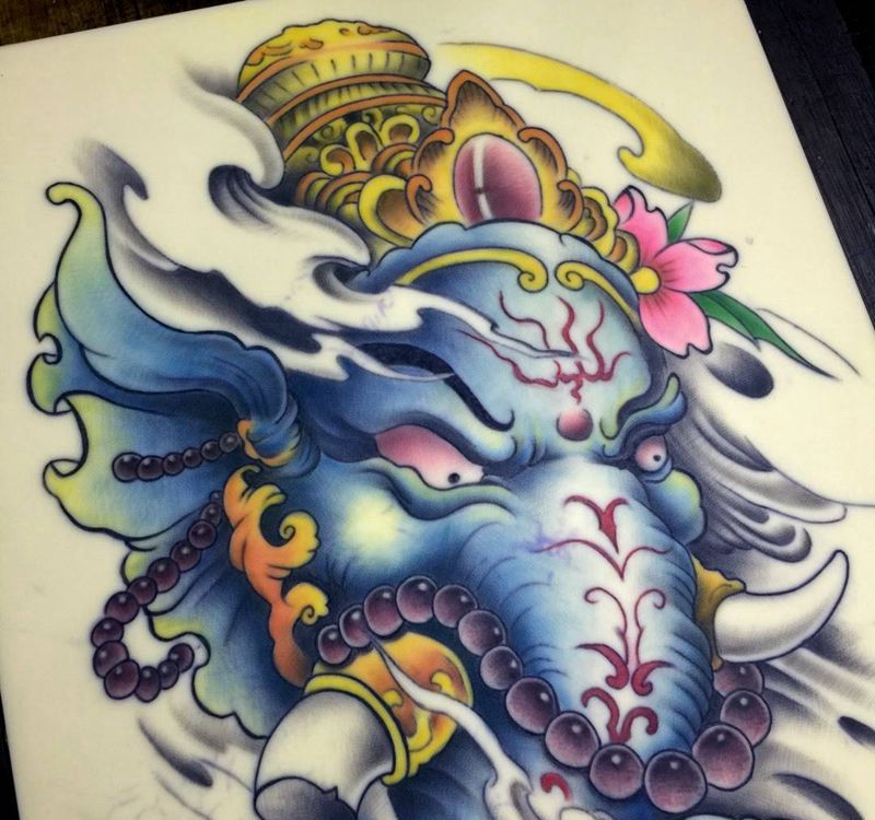 练习皮作品象神纹身图片_传统动物人物宗教纹身图案