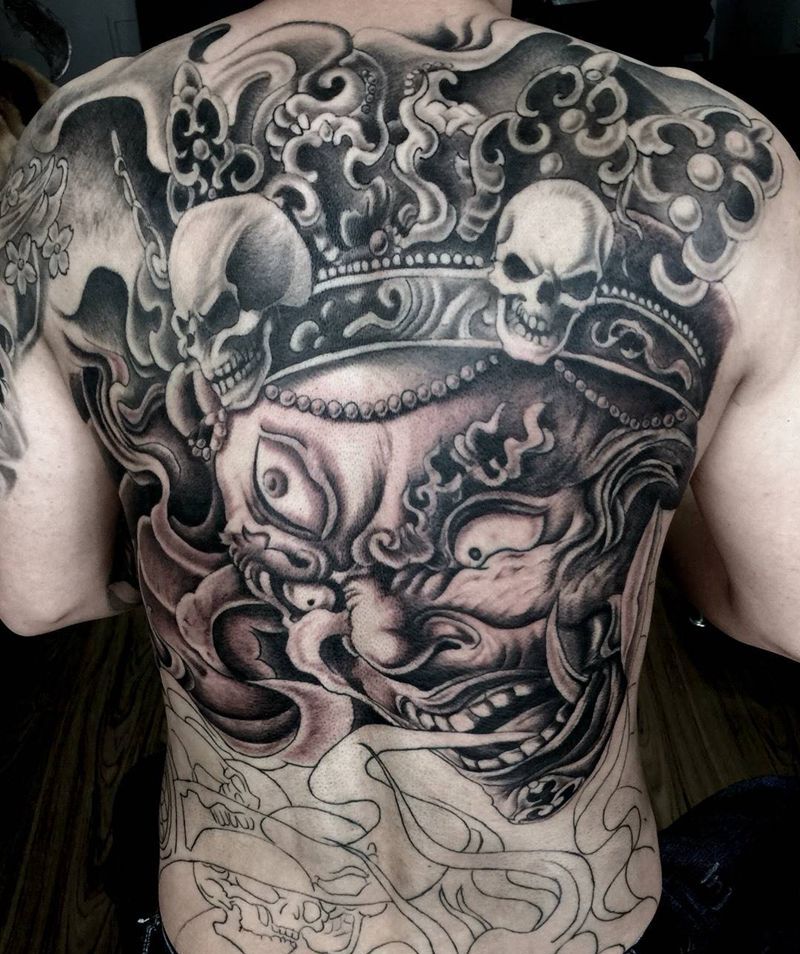 今日小宁工作满背大黑天未完成下次纹身图片_背部传统人物宗教纹身图案