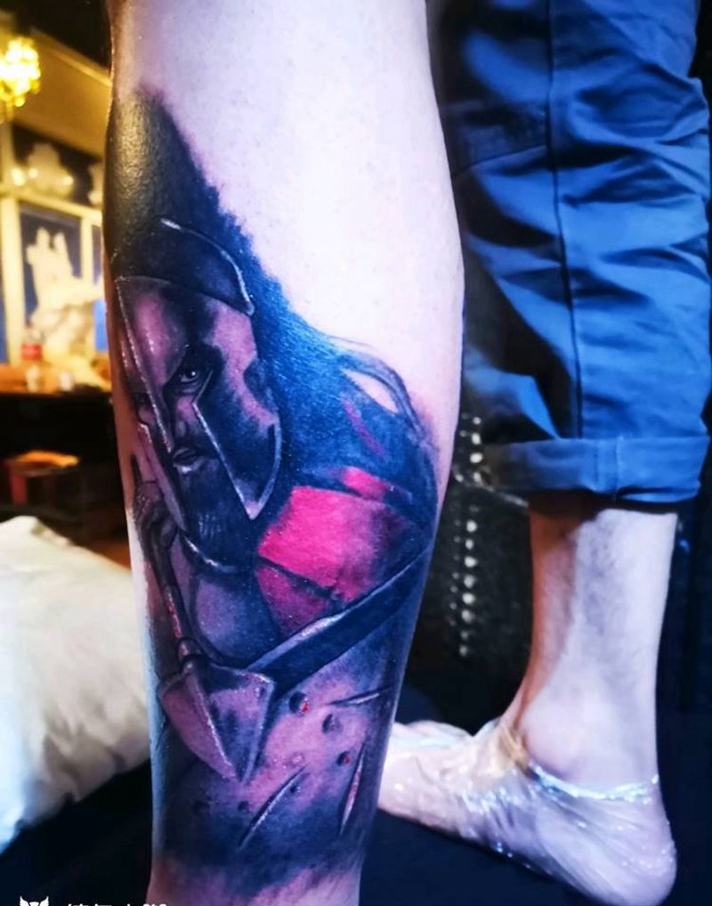 斯巴达勇士纹身图片_腿部欧美写实纹身图案