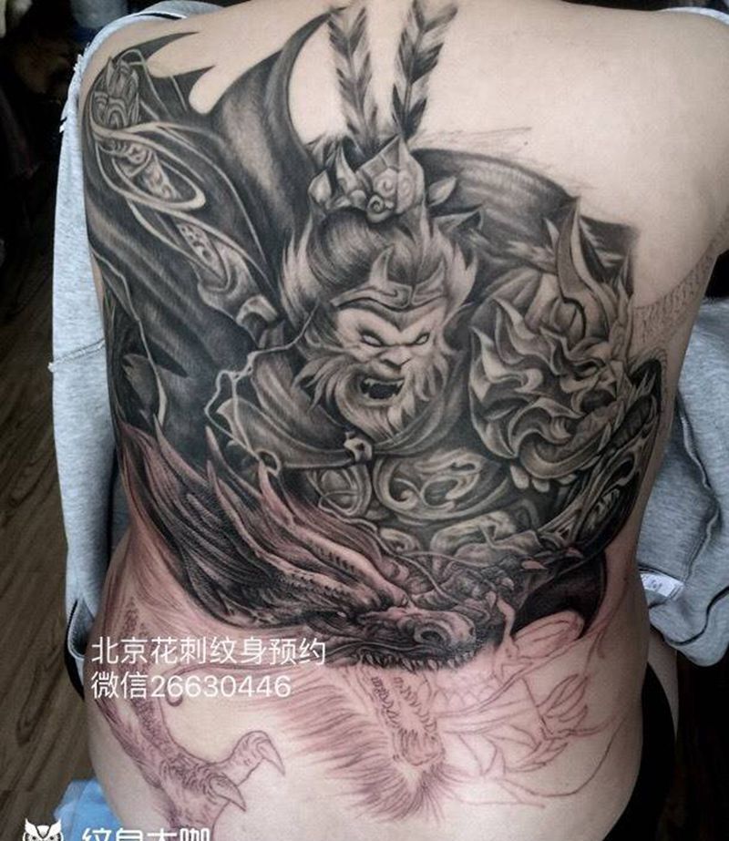 原创作品满背斗战胜佛纹身图片_背部传统欧美人物动物宗教纹身图案