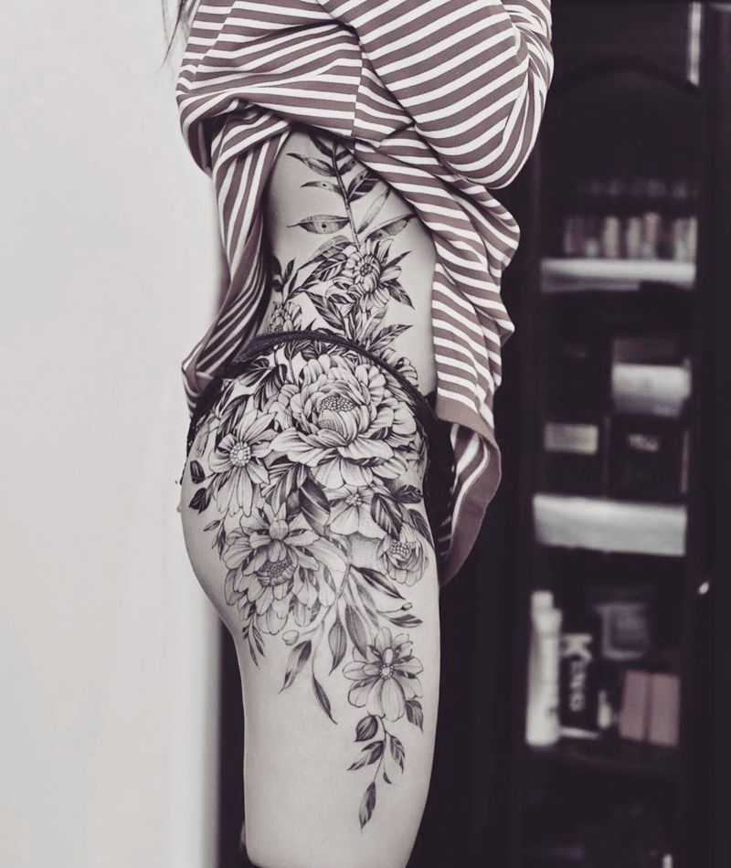 花纹身图片_腰部水彩水墨纹身图案