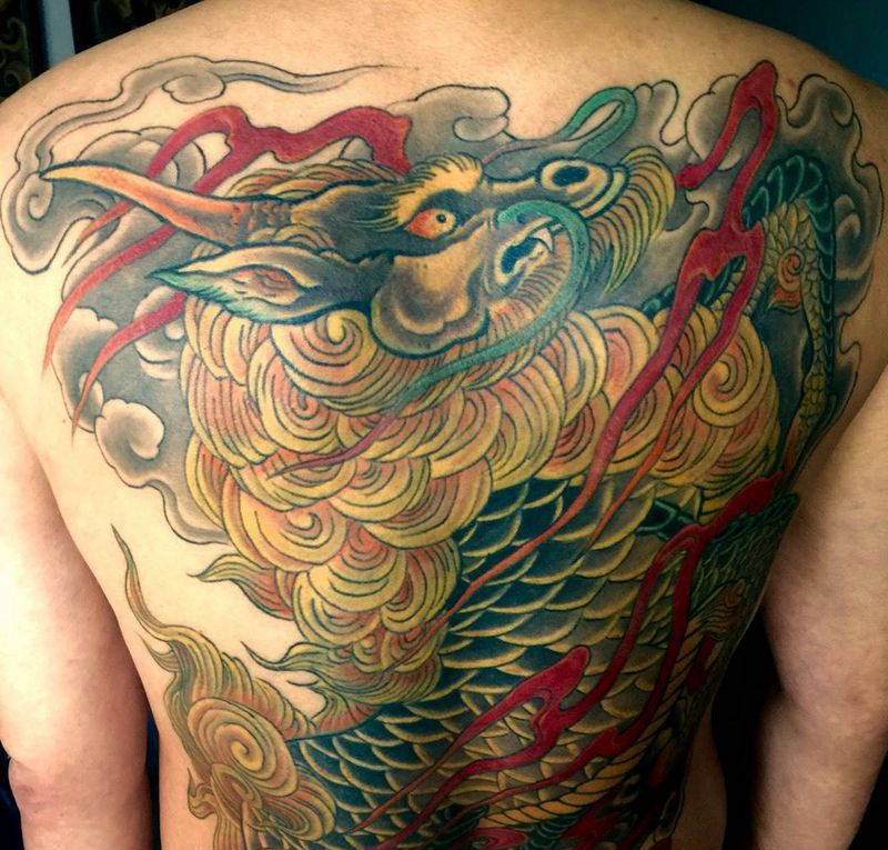 今日满背麒麟完成!纹身图片_