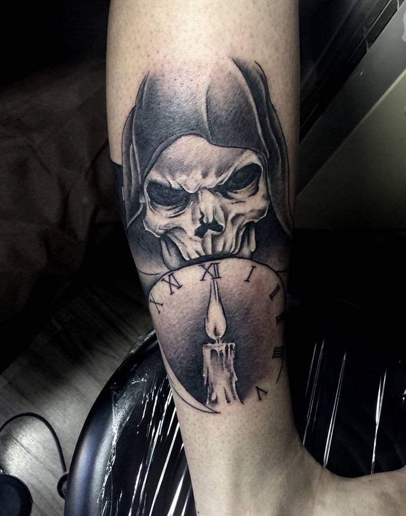今日小宁工作小腿死神纹身图片_成品腿部欧美人物纹身图案