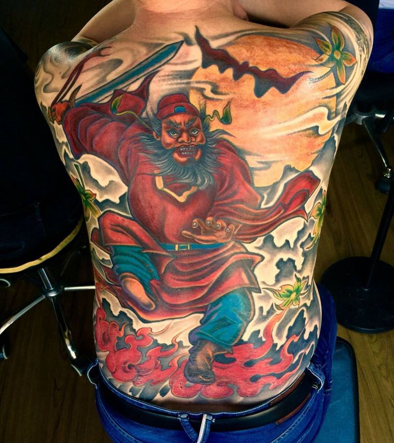 今日工作满背钟馗修改添加纹身图片_成品背部传统人物鬼神纹身图案