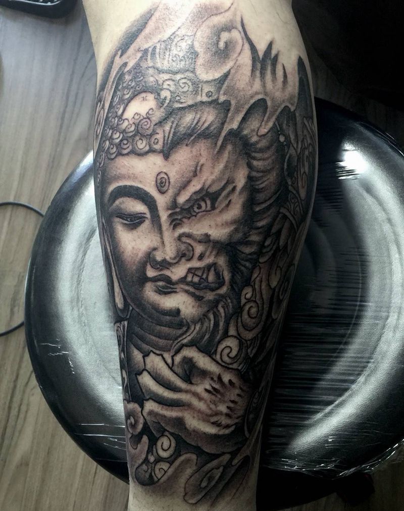 今日小宁特价纹身黑灰效果完成！纹身图片_成品腿部传统人物宗教动物纹身图案