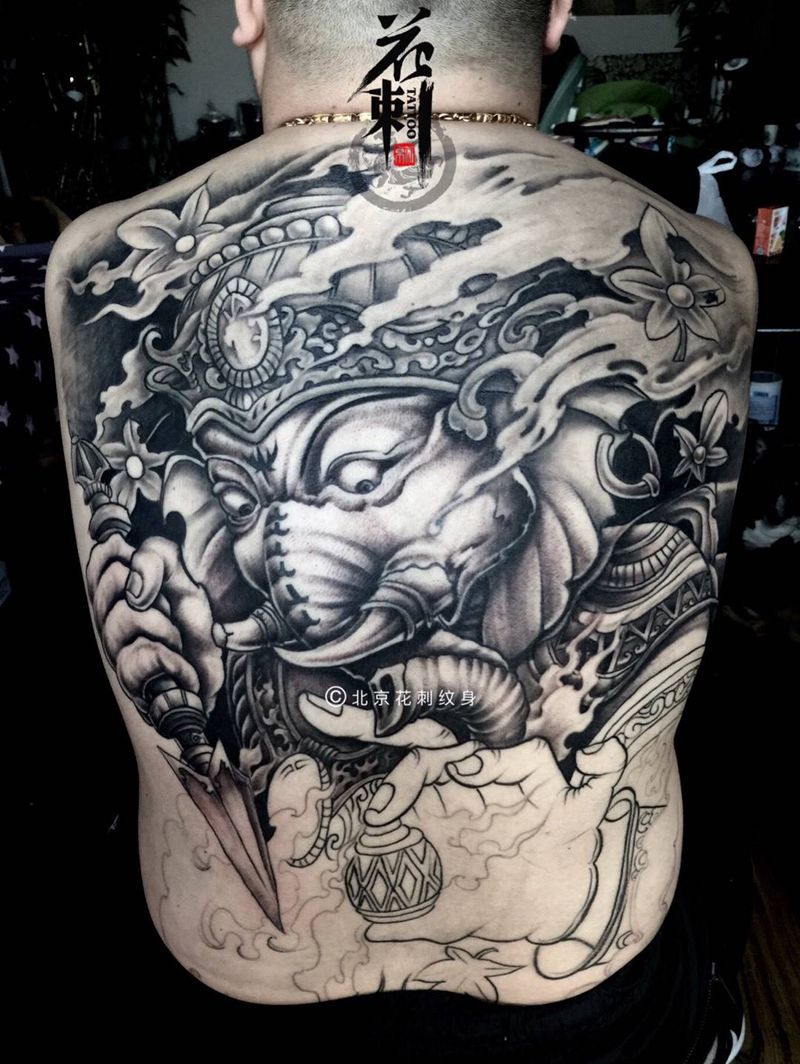 满背象神未完成！纹身图片_背部传统动物宗教人物纹身图案