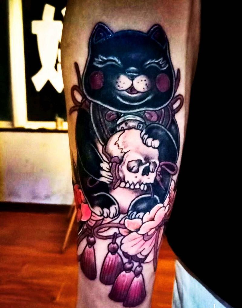 猫老公纹身图片_手臂老传统猫遮盖纹身图案