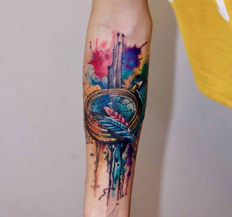 水彩怀表纹身纹身图片_手臂水彩水墨赐墨纹身水彩纹身纹身图案