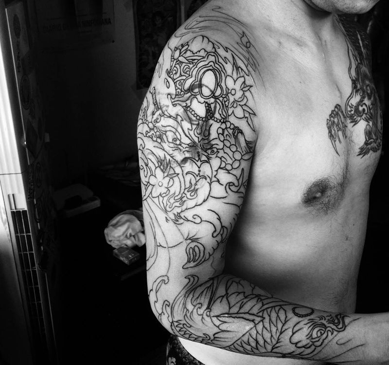 花臂遮盖未完成！纹身图片_手臂传统人物动物宗教纹身图案