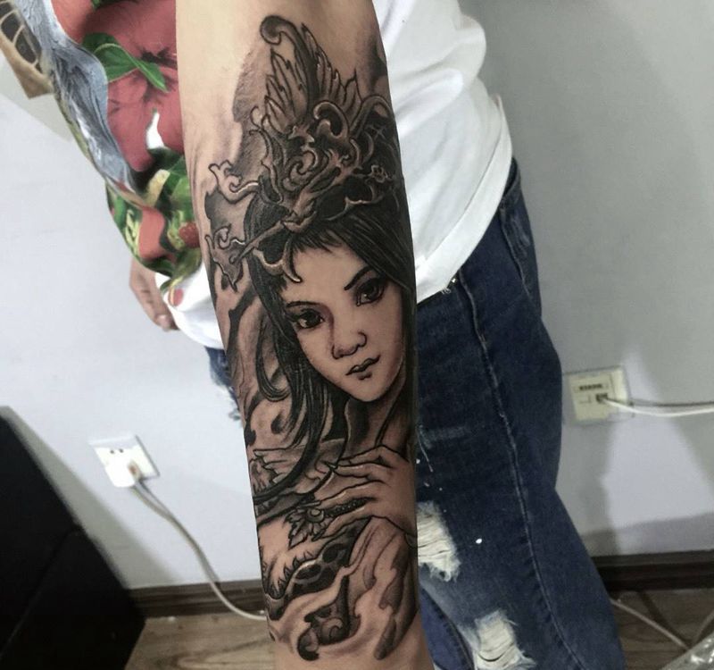 昨晚小宁工作接小臂艺妓纹身图片_传统手臂人物纹身图案