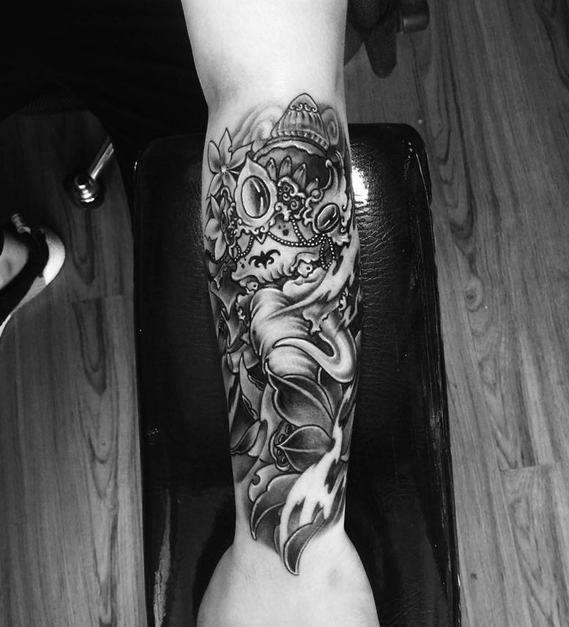小臂象神纹身图片_手臂传统动物鬼神宗教纹身图案