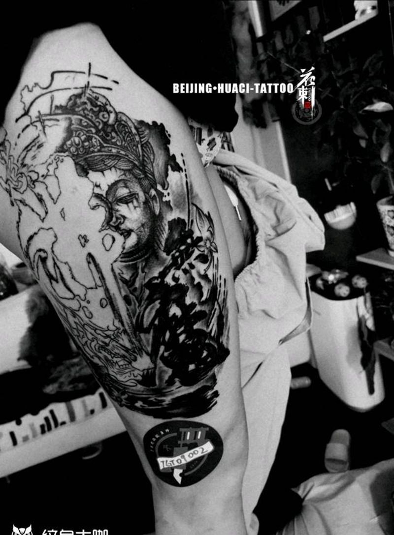 【為佛•無魔】纹身图片_腿部水墨新传统纹身图案