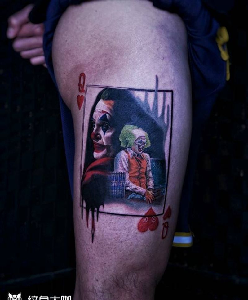 小丑纹身图片_腿部欧美写实纹身图案