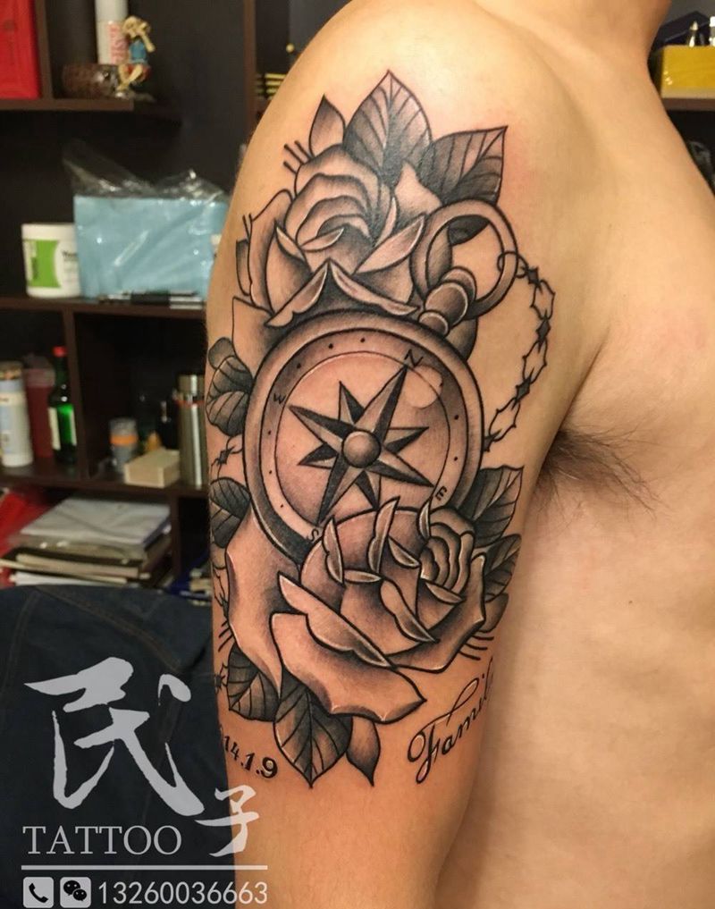 指南针，玫瑰纹身图片_
