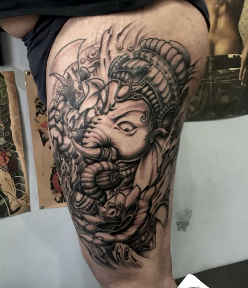 象神！纹身图片_成品腿部传统动物宗教纹身图案