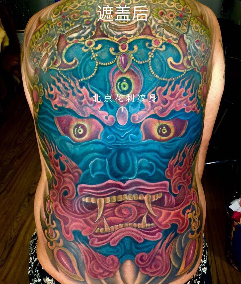 今日工作满背遮盖大黑天完成！纹身图片_成品背部传统人物宗教鬼神纹身图案