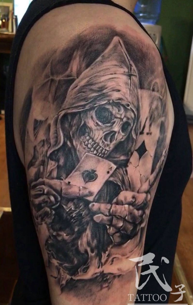 大臂骷髅纹身图片_