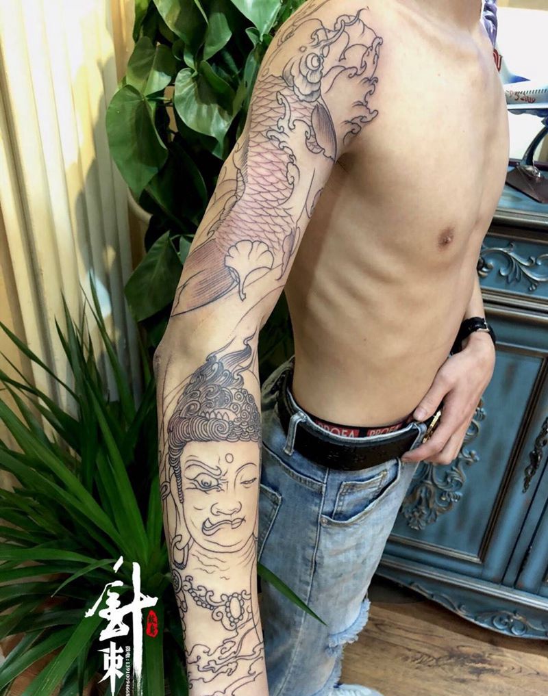 花臂线条纹身图片_