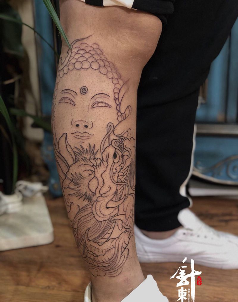 佛头  麒麟纹身图片_腿部纹身图案