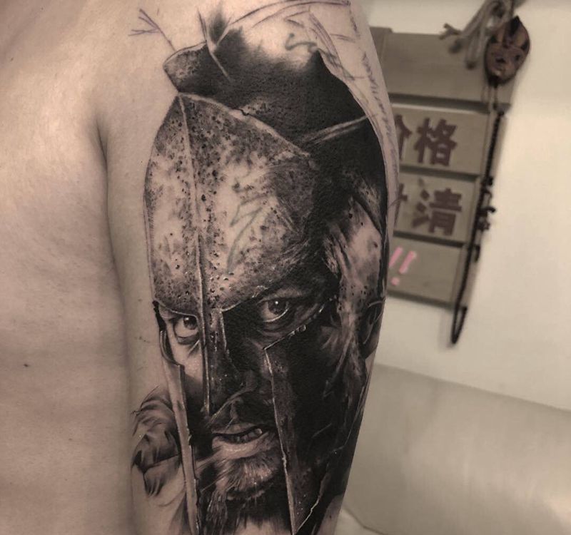 斯巴达勇士未完纹身图片_手臂肩部欧美写实电影人物纹身图案