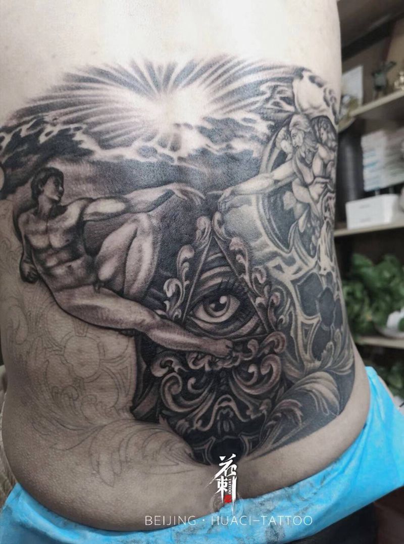 亚当 未完成作品纹身图片_腰部欧美写实纹身图案