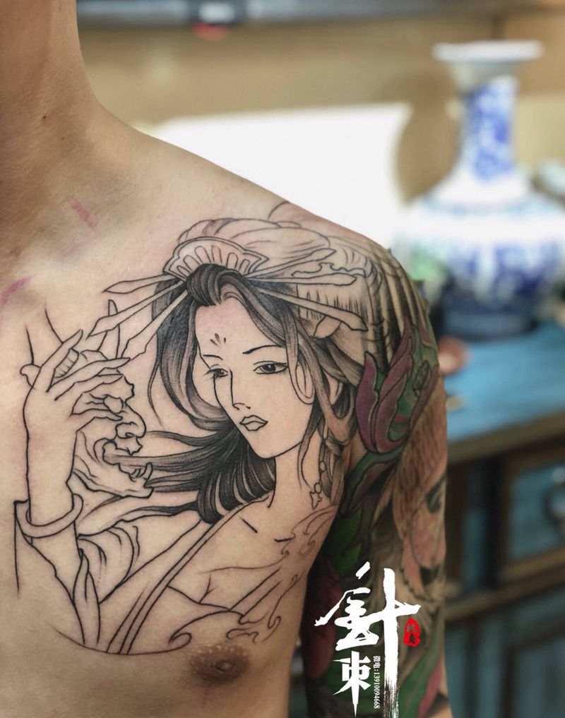 艺妓纹身图片_胸部新传统纹身图案
