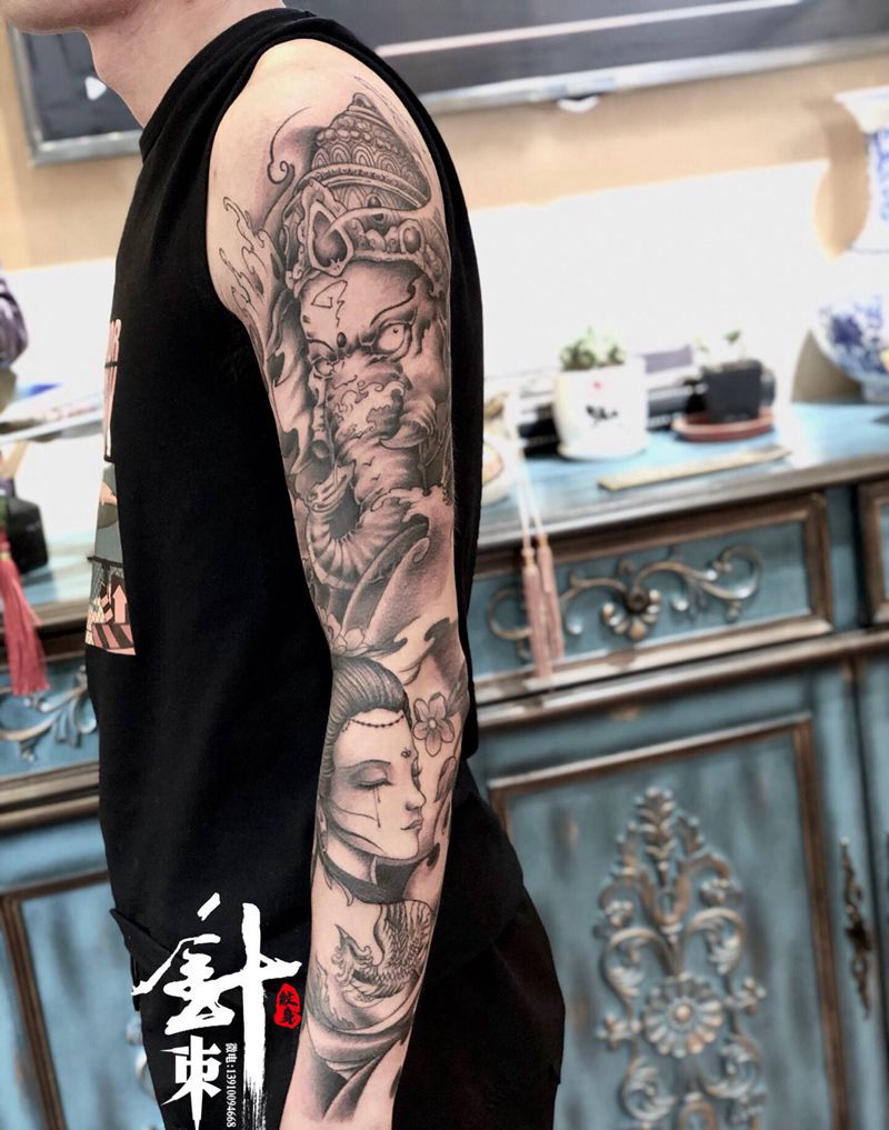 花臂纹身图片_手臂新传统纹身图案