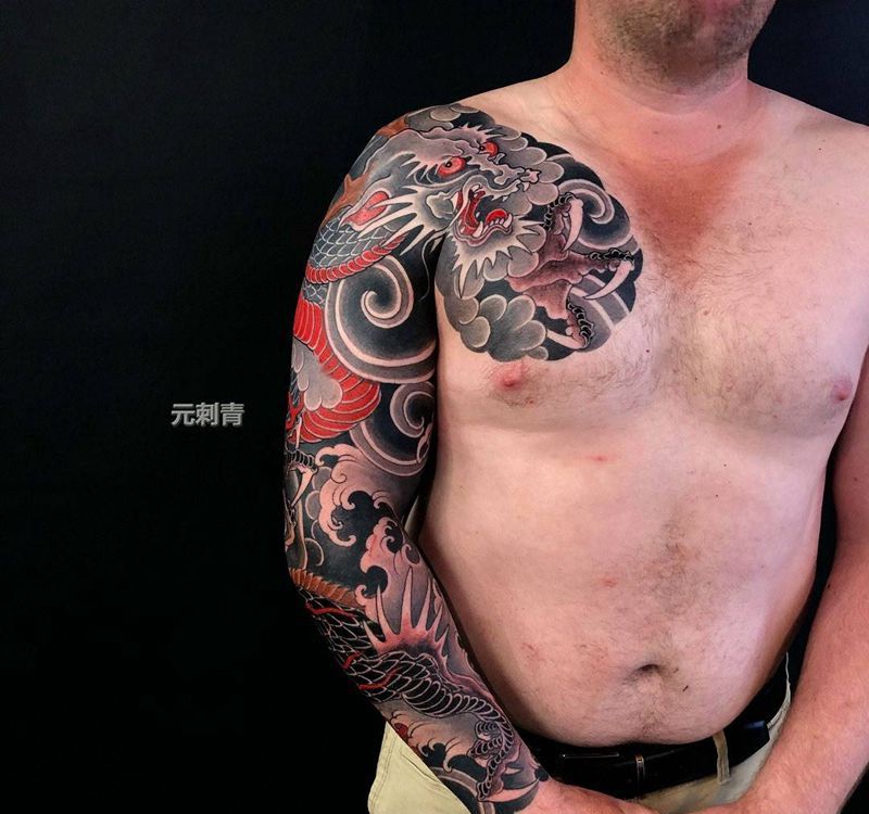 传统花臂半甲系列纹身图片_手臂新传统纹身图案