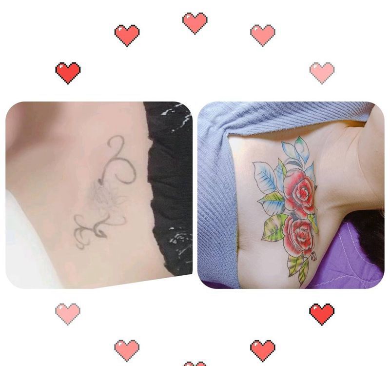 遮盖彩色玫瑰纹身图片_颈部肩部水彩纹身图案