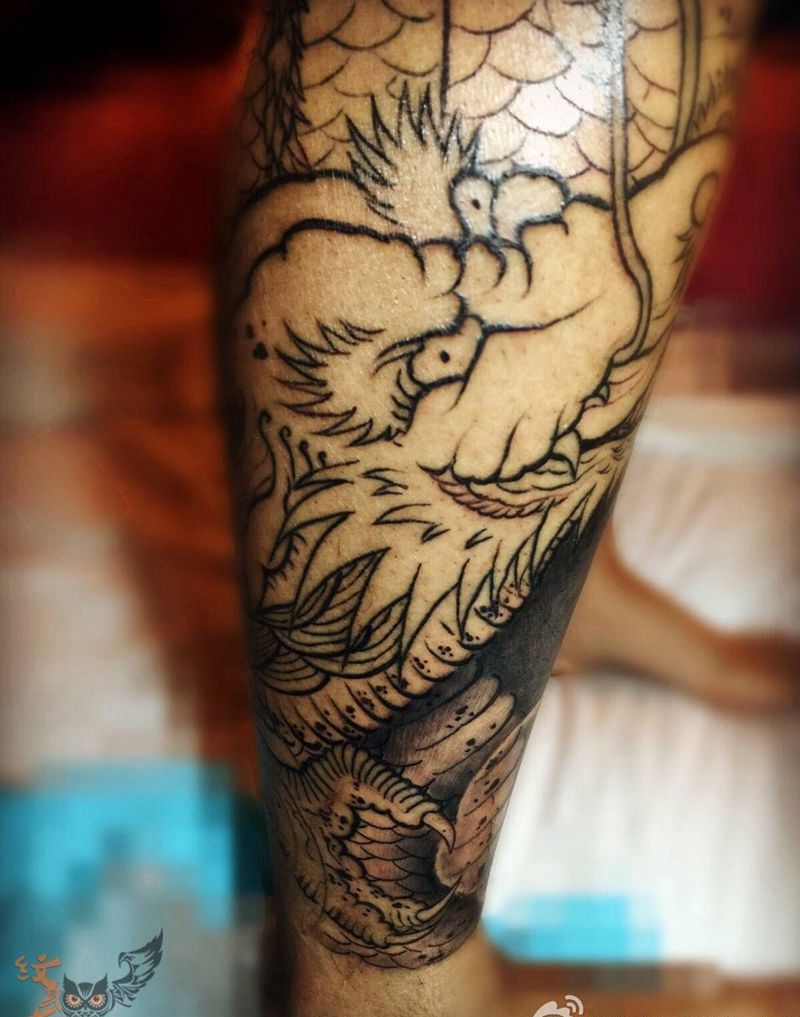 包小腿纹身图片_成品背部腿部手臂传统神兽纹身图案