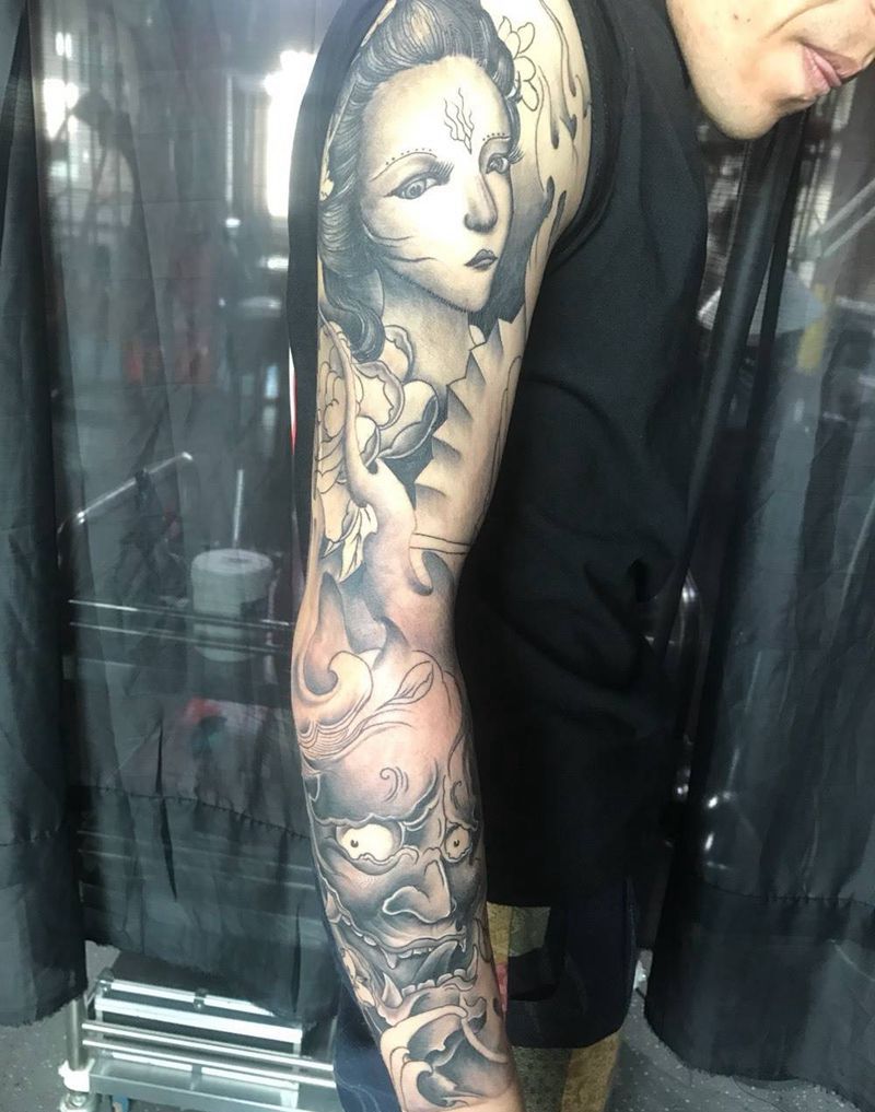 花臂艺妓纹身图片_传统习俗手臂成品宗教纹身图案