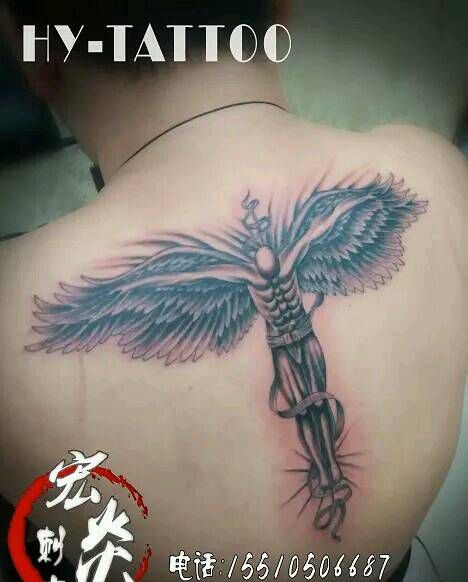 守护天使纹身图片_背部欧美写实人物成品纹身图案