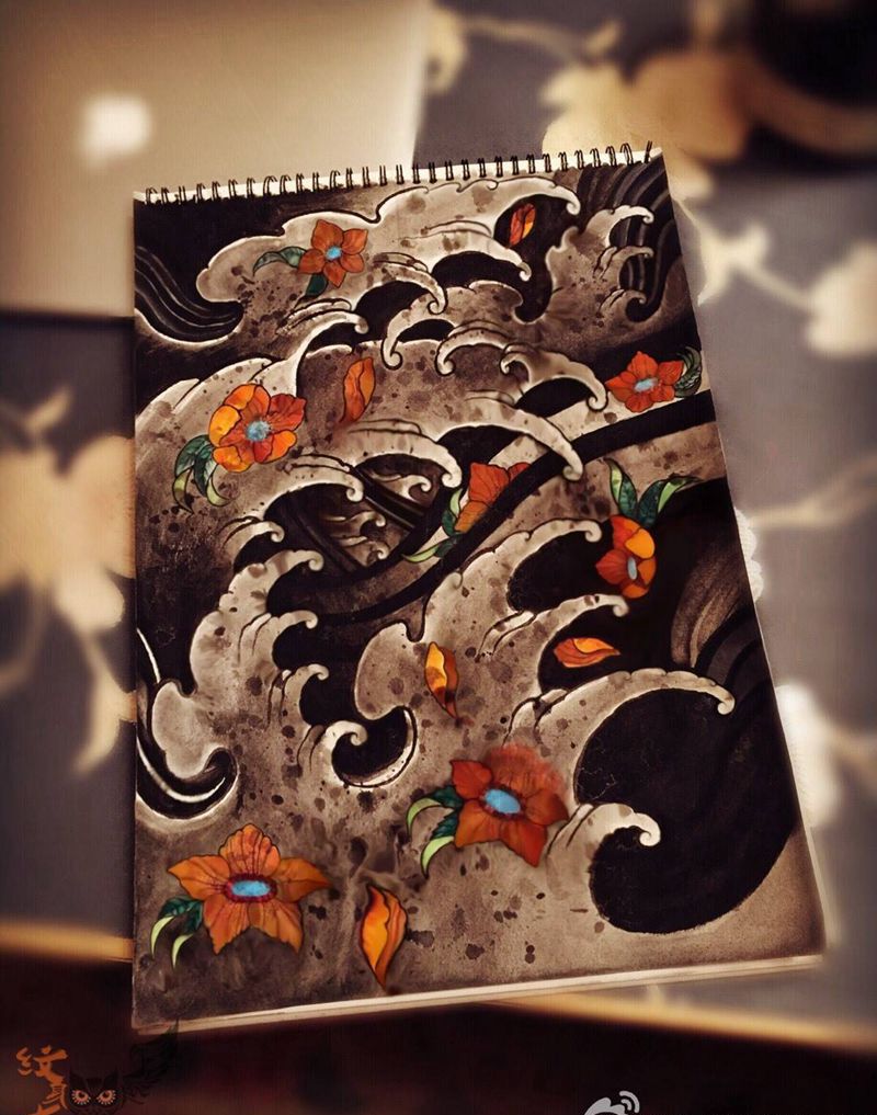 水浪纹身图片_手稿手臂传统纹身图案