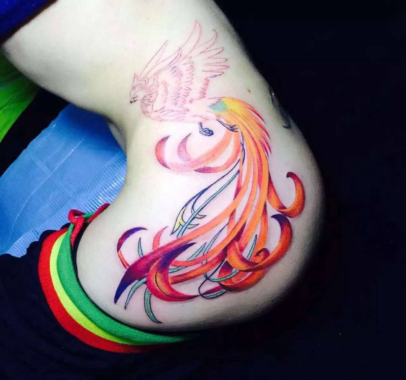 昨天加班作品 侧腰凤凰未完成纹身图片_